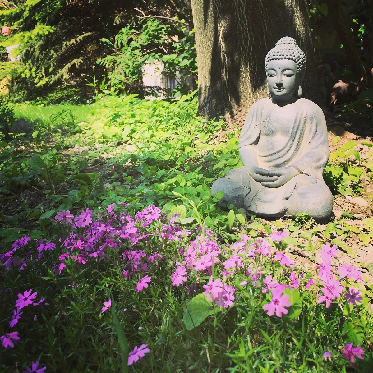 A seated Buddha statue among flowers and trees